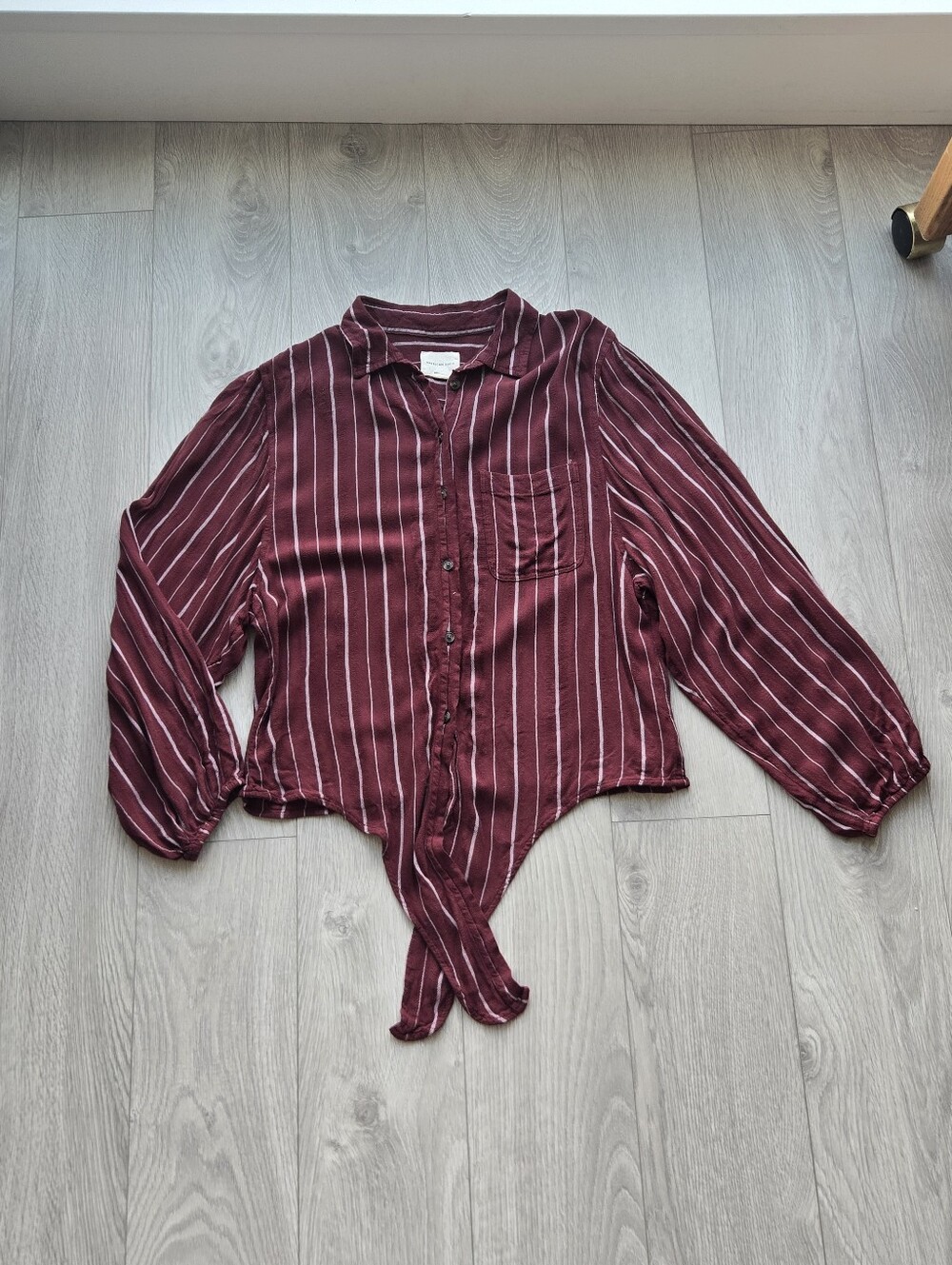 American Eagle Outfitters Burgundy Striped Tie-Front Button-Down Shirt
